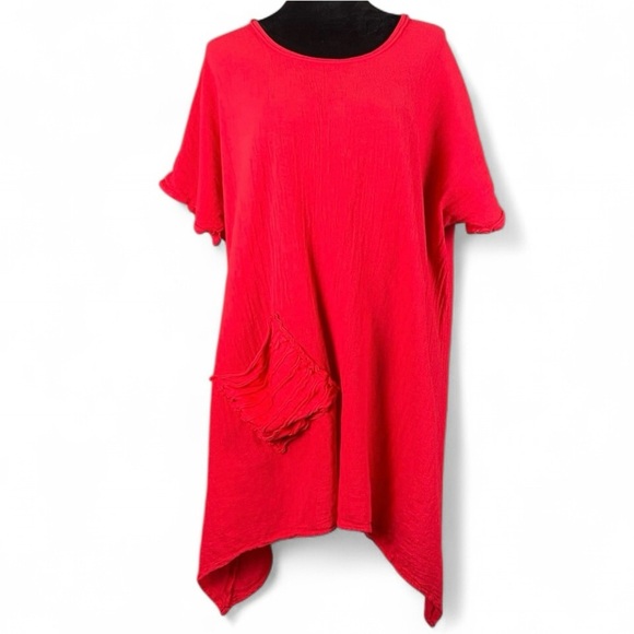 Oh My Gauze XXL Red Pockets Lightweight Boho Lagenlook Asymmetrical Tunic Artsy - Picture 1 of 12